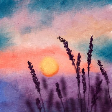 Hand drawn illustration of sunset sunrise in blue orange sky purple grass plants. Night scene landscape, oil painting texture, outdoor adventure, nature design panorama light, vibrant skyline clipart