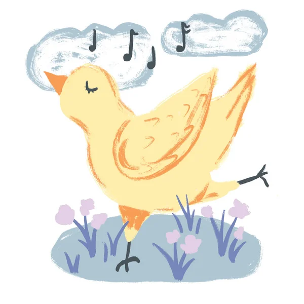 Рука Намальована Милою Ілюстрацією Жовтого Курчати Танцює Співаючи Музику Квітами — стокове фото