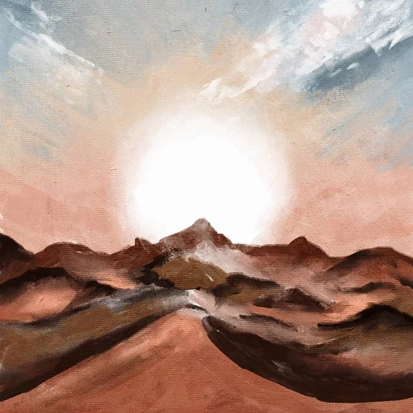 Ručně Kreslené Ilustrace Západu Slunce Pouštním Písečném Údolí Dunou Barchan — Stock fotografie