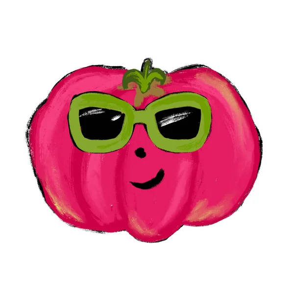 Handritad Illustration Stor Rosa Tomat Karaktär Gröna Solglasögon Roliga Vegetabiliska — Stockfoto