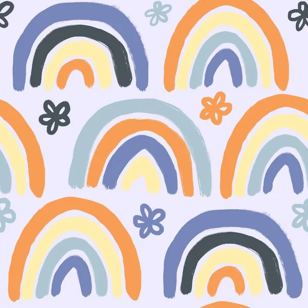 Handgezeichnetes Nahtloses Muster Mit Blauorange Gelben Regenbögen Und Floralen Blumen — Stockfoto