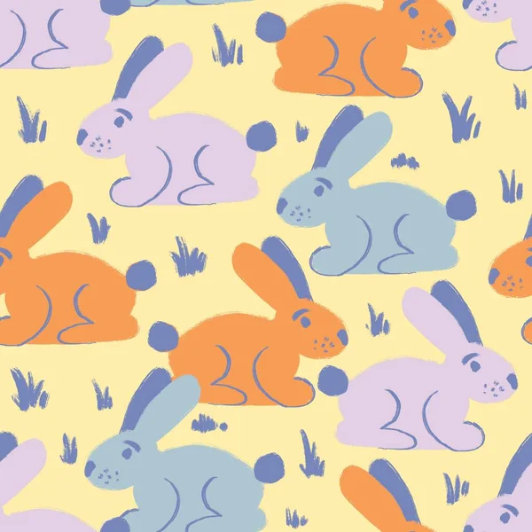 オレンジ色の青紫色のイースターウサギのバニーと手描きのシームレスなパターン 春の芝生の庭でかわいいウサギ 面白い漫画子供保育園動物のプリント — ストック写真