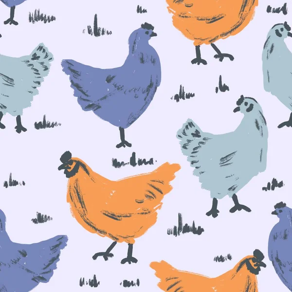 Hand Drawn Cute Seamless Pattern Orange Blue Hen Chicken Pastel — Stock Photo, Image