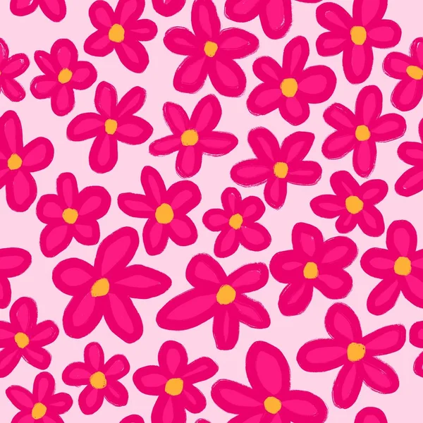 ピンクの背景にホットハイパーピンクのデイジーの花と手描きのシームレスなパターン 漫画Boho Bohemianスタイルのシンプルなミニマリストの花のプリント 春の庭の自然植物 ロマンチックなトレンディーな花 — ストック写真
