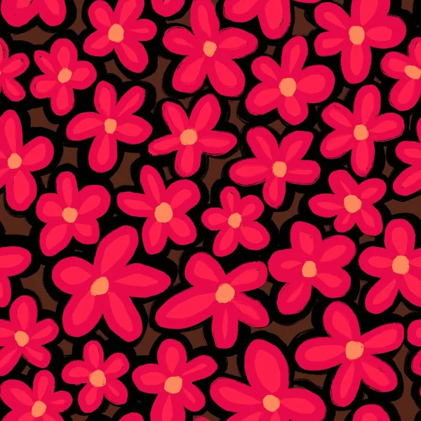 Hand Drawn Seamless Pattern Retro 60S Red Daisy Flowers Dark — Stock Photo, Image