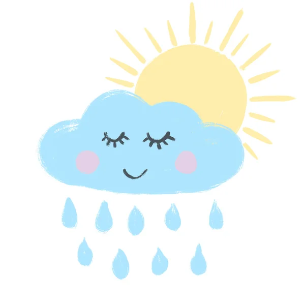 Hand Drawn Illustration Blue Cute Cloud Rain Drops Yellow Sun — Stock Photo, Image