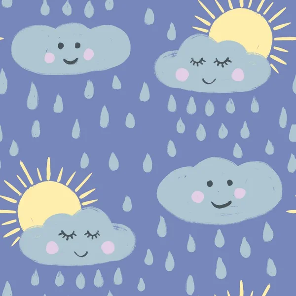 青い背景にかわいい雲の太陽と手描きのシームレスなパターン 雨の雨は面白い顔ピンクの頬 子供の保育園の装飾 漫画のスケッチ赤ちゃんのシャワー — ストック写真