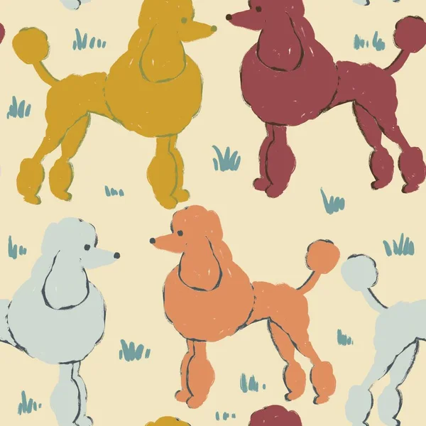 ベージュ地にプードル犬と手描きのシームレスなパターン 面白い漫画のスケッチスタイルで赤い黄色のオレンジ色の動物ペット かわいいふわふわ子犬の犬ショー身づくろいサロンプリント 繊維犬バンダナのために — ストック写真