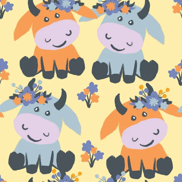 Hand drawn seamless pattern with cute orange blue cows. Funny farm animals with floral flowers, kids children nursery decor, nature farmhouse cottagecore beef bull milk cattle, domestic farm