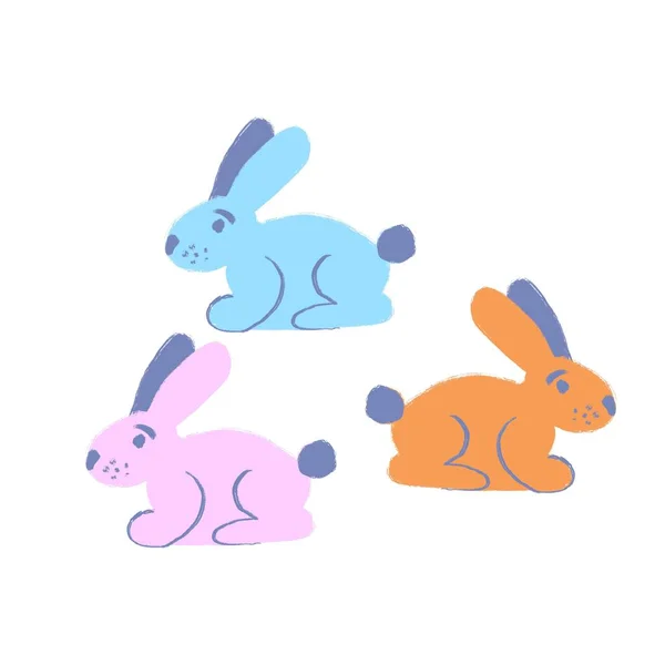 Hand Drawn Illustration Orange Blue Pink Easter Rabbit Bunnies Cute — Stock Photo, Image
