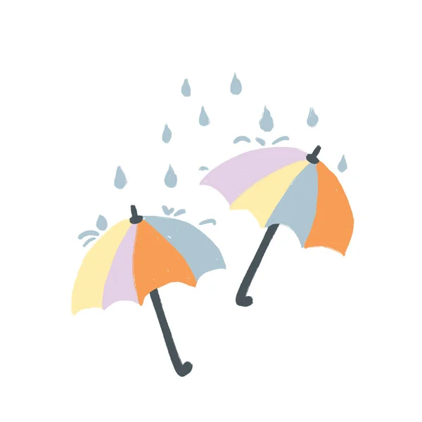 Ručně Kreslené Ilustrace Oranžově Žlutými Deštníky Bílém Pozadí Dešťové Kapky — Stock fotografie