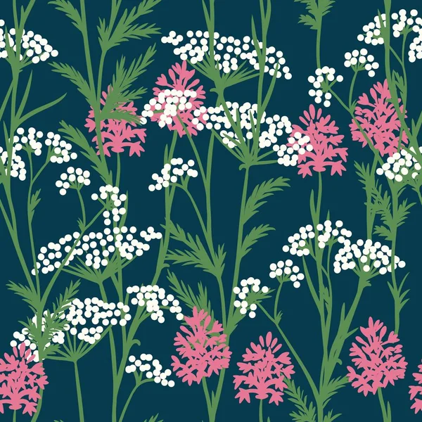 Hand drawn seamless pattern of white cow parsley pink pyramidal orchid meadow wild flowers, wildflower floral design. Nature plant on dark blue navy indigo background, british common herbs grass