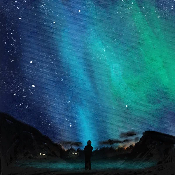 Aurora Borealis Kuzey Işıklarının Yağlı Boya Çizimi Mavi Yeşil Kış — Stok fotoğraf