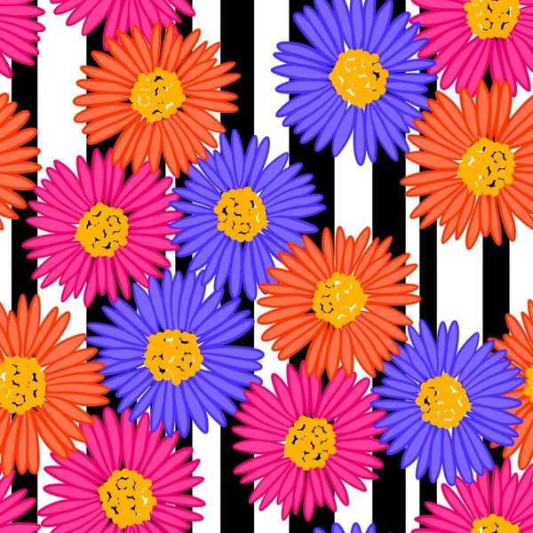 Hand drawn seamless pattern with orange blue pink daisy flowers on black stripes background. Bright colorful retro vintage print design, 60s 70s floral art, nature plant bloom blossom