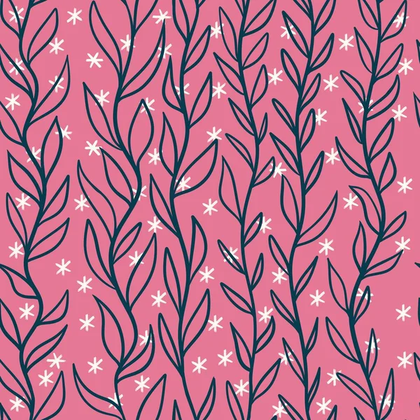 手描きのシームレスなパターンで 濃い青の葉はピンクの背景に縦線で白い星が描かれています 花の装飾パターン 春の自然庭園植物の葉 ミニマリストスタイル 自然枝 — ストック写真