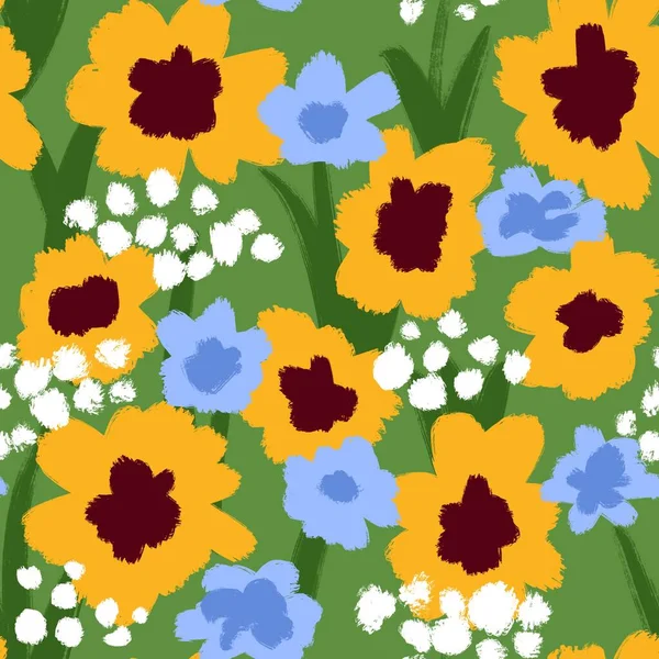 Handgezeichnetes Nahtloses Muster Mit Wildblumen Wildblumen Weiß Blau Gelben Kräutern — Stockfoto
