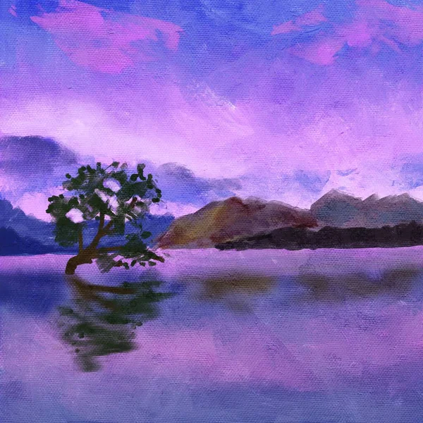Hand drawn illustration of purple pink sunset landscape with water reflection. Mountains trees blue sky clouds, evening sunset sunsire scenery scene, oil painting texture sketch style
