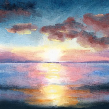 El çizimi deniz suyu yüzeyi mürekkep mavi gün batımı parlak parlak parlak ışık yansıması, gün doğumu soğuk gün batımı mavi dalga konsepti, berrak yaz yolculuğu, yağlı boya dokusu