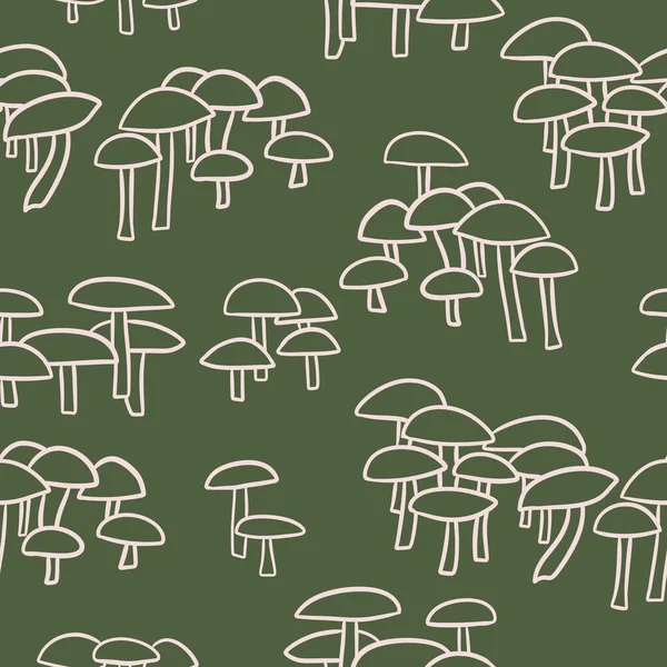 Handgezeichnetes Nahtloses Muster Mit Beigen Waldpilzen Auf Sgaegrünem Khakifarbenem Hintergrund — Stockfoto