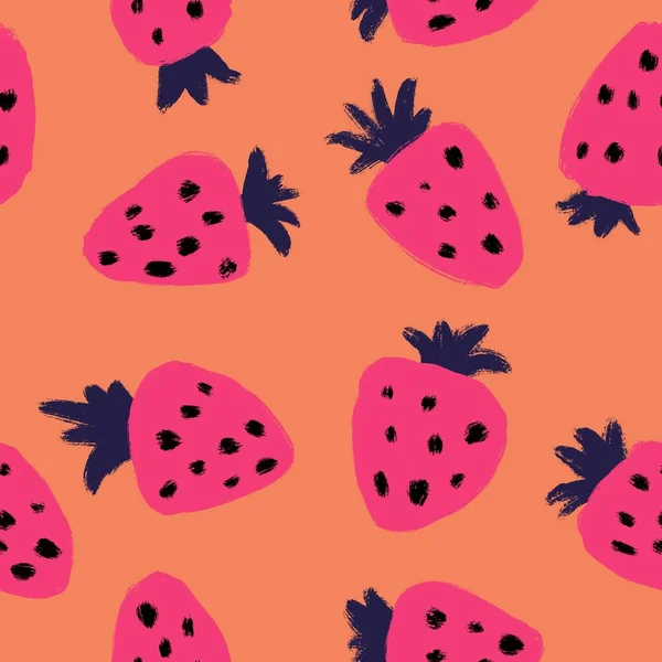 손으로 부드럽지 분홍색 딸기의 주황색 배경에 있습니다 과일로 Y2K 포장지를 — 스톡 사진