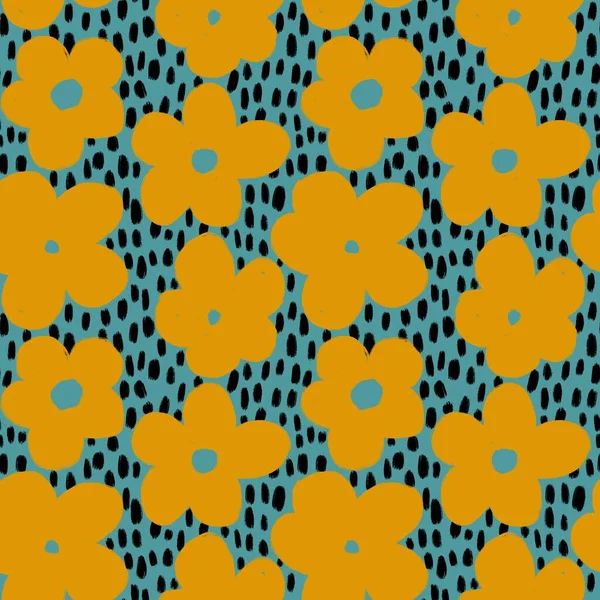 Handgezeichnetes Nahtloses Muster Mit Gelben Gänseblümchenblümchen Floralem Druck Auf Blauem — Stockfoto