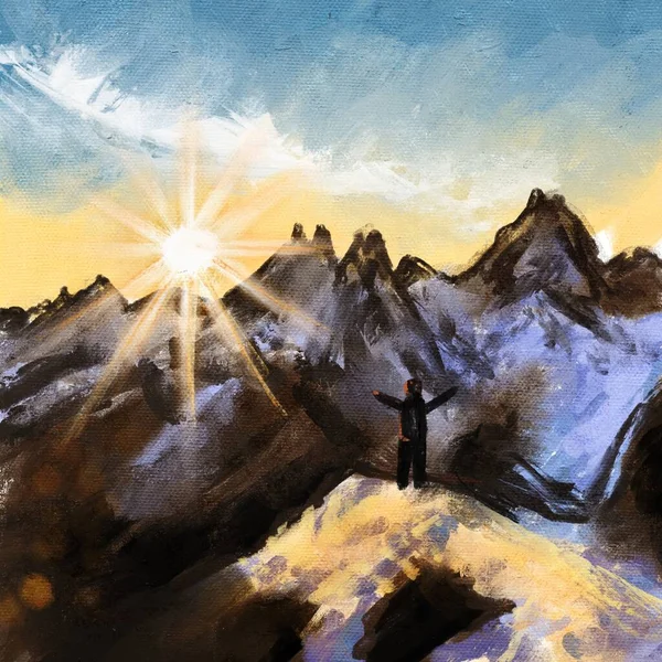 Kışın Karlı Dağlarda Şafak Vakti Ormanlık Alanlarda Güneşin Doğuşunun Çizimi — Stok fotoğraf