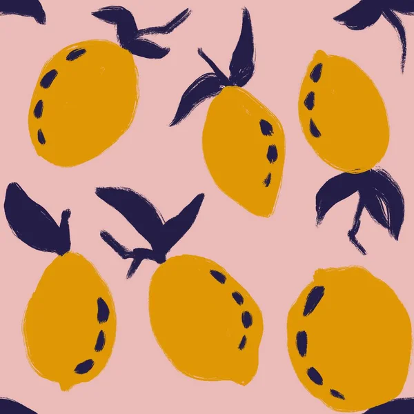 Рука Намальована Безшовним Візерунком Жовтих Лимонів Темно Синім Листям Рожевому — стокове фото