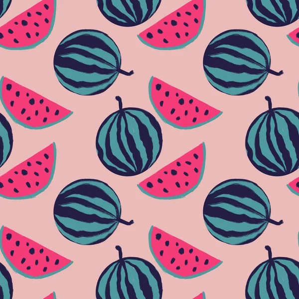 Patrón Sin Costura Dibujado Mano Con Fruta Sandía Azul Rosa —  Fotos de Stock