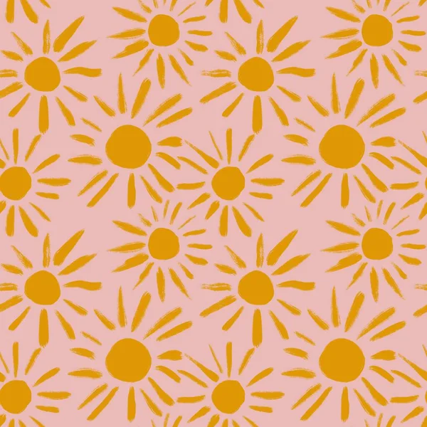 ピンクの背景に黄色の太陽と手描きのシームレスなパターン ボヘミアン夏のプリント 日の出の日の出のデザイン 子供の保育園の装飾 日当たりの良い抽象画 — ストック写真