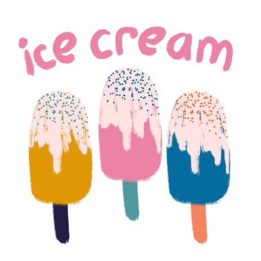 Dondurma retro-antika tarzının el çizimi. Pembe mavi yuvarlak şekilli, çikolatalı tatlı yaz tatili yemekleri renkli plaj sanatları için eğlenceli tasarım..