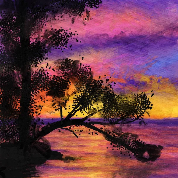 Hand drawn illustration of evenng sky sunset, sea ocean water surface orange colors, shiny shimmer reflection, dark tree, sunrise cold purple lilac clouds, clear summer travel, oil paint texture