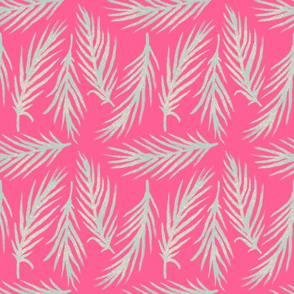 手绘无缝图案与粉红棕榈叶 米色女婴面料印花 热带丛林度假设计 可爱的夏季植物自然 — 图库照片