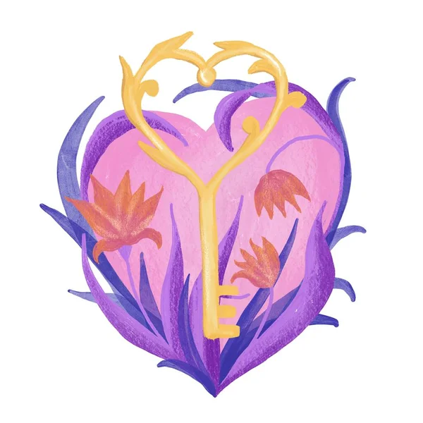 Illustration Dessinée Main Clé Holden Rose Coeur Violet Feuilles Fleurs — Photo