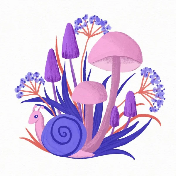 Hand drawing illustration of pink purple mushrooms with forest wood plants blue snail. Magic woodland fairy nature, cartoon drawing with dangerous poisonous witch fungi, cute flora background design