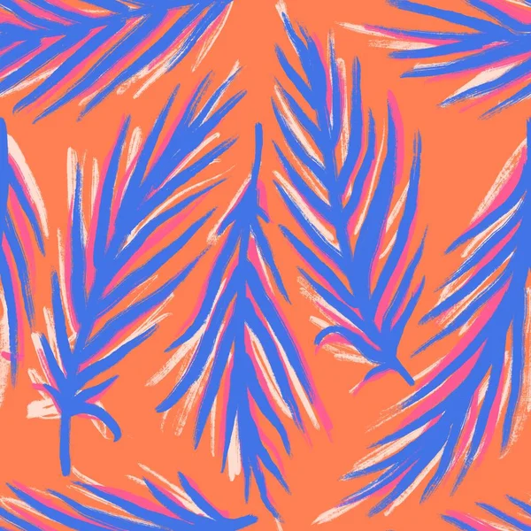 手绘天衣无缝图案与蓝色棕榈叶 橘色女孩面料印花 热带丛林度假设计 可爱的夏季植物自然明亮多彩的生机勃勃 — 图库照片