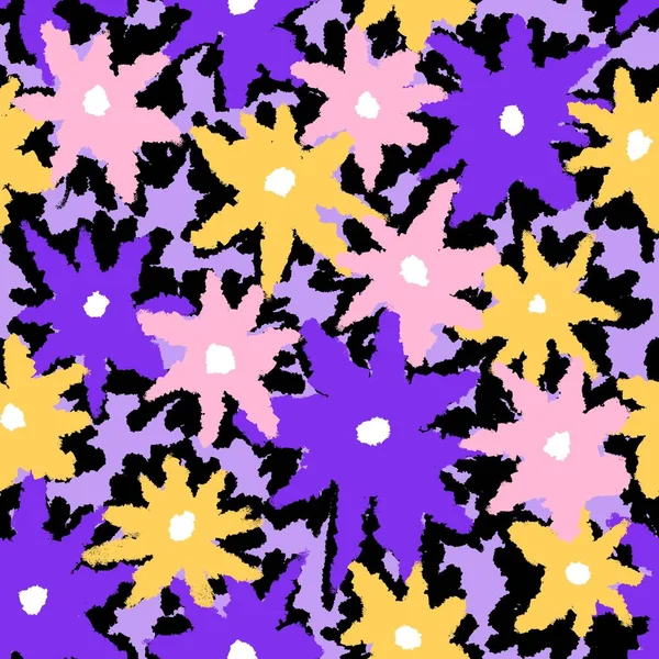 Hand Drawn Seamless Pattern Colorful Blue Purple Pink Yellow Flowers — Stock Photo, Image