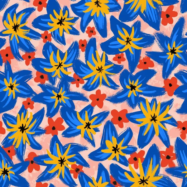 Рука Намальована Безшовним Візерунком Різнокольорових Синьо Червоних Жовтих Квітів Літній — стокове фото