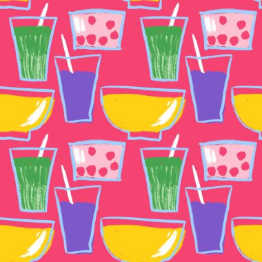 Tabak kaplarıyla el çizimi, pürüzsüz desen. Pembe arka planda sarı mor mutfak gereçleri, mutfak vitrinleri, menü pişirme kabı gıdalar...