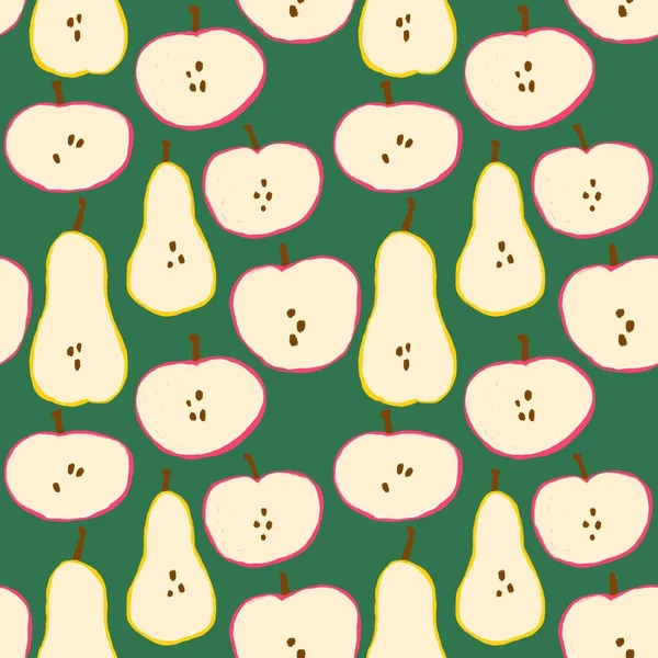 食品ラベル包装 キッチンテキスタイルの壁紙のためのシンプルなミニマルな形状のデザインで描かれた緑の背景にリンゴ梨の果物とシームレスなパターンを手描き 黄色の赤のイラスト — ストック写真