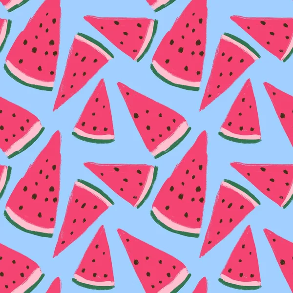 Hand Drawn Seamless Pattern Watermelon Fruit Blue Red Green Tropical — Stock Photo, Image