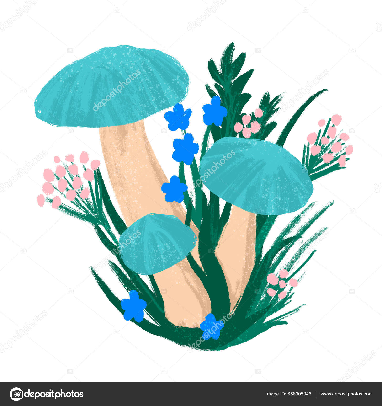 Ilustración Dibujada Mano Setas Verano Con Hierbas Hierba Azul Flores —  Foto de stock #658905046 © MarynaLagmar, image size:1600x1700