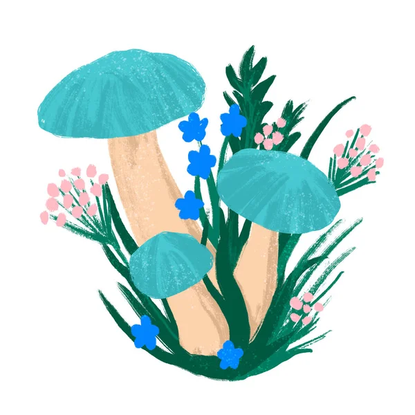 Hand drawn illustration of summer mushroom with grass herbs blue turquoise flowers. Fall autumn nature wood woodland forest, cute drawing fungus fungi wild poisonous edible shrooms