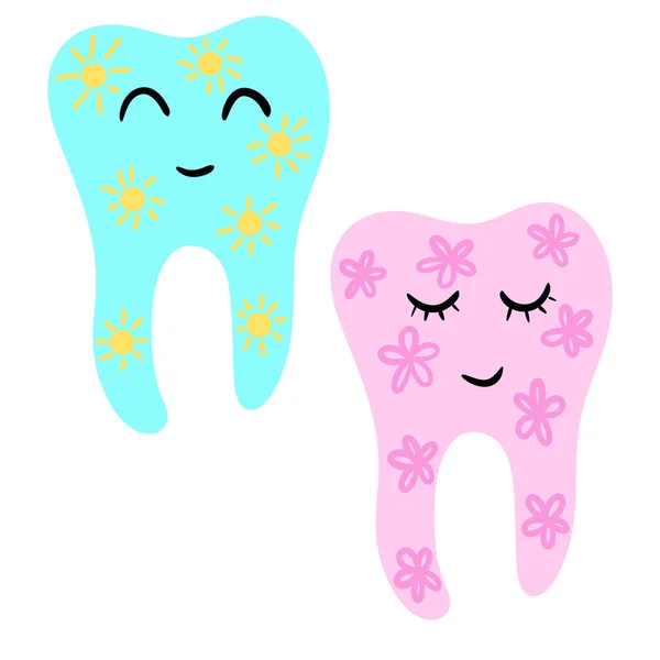 手绘了可爱的牙齿图解 为孩子们设计了牙医 粉色蓝色有趣的骗子 牙科保健 快乐卡通片嘴 — 图库照片
