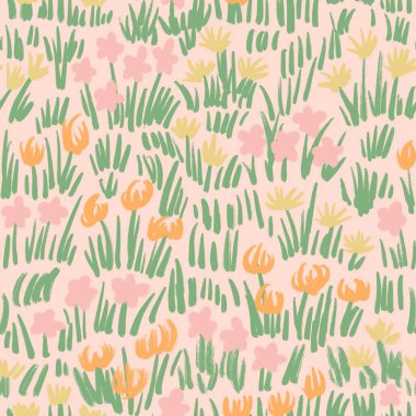 Pastel, turuncu, çiçekli, çiçekli yeşil yapraklı el yapımı desenler. Pahalı yaz botanik doğası baskısı. Çiçek açan, stilize yapraklar.