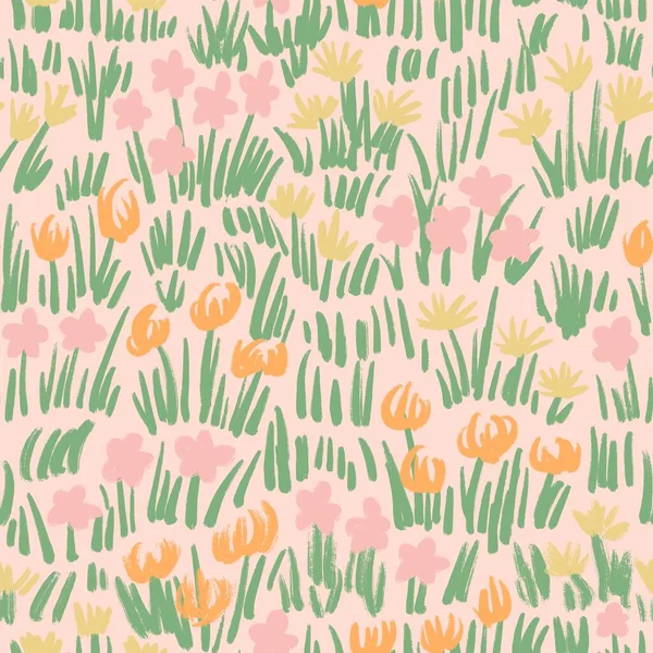 Handgezeichnete Nahtlose Muster Mit Pastellorangefarbenen Blume Florale Elemente Grüne Blätter — Stockfoto
