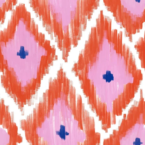 手绘无缝图案与Ikat族传统印染面料印花 蓝色粉红抽象几何条纹线条设计本世纪中叶现代水花笔画生气勃勃 — 图库照片