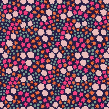 Pembe turkuaz çiçekli, el çizimi desensiz çiçek desenleri, kalitesiz yaz botanik doğa baskısı, çiçek açan, stilize yapraklar. Eski model kumaş tasarımı, şirin noktalar doğa çayırı.