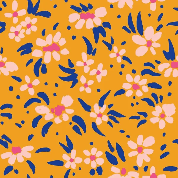 手描きのオレンジピンクダークブルーの花の要素とシームレスなパターンを描く めまい夏の春の植物の自然印刷 花のスタイルの花びらを咲かせます レトロヴィンテージ生地のデザイン かわいいドット自然 — ストック写真