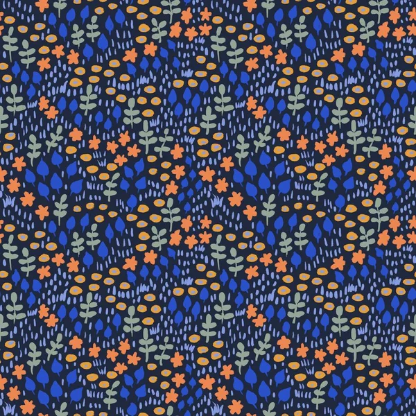 手绘淡蓝色橙色花元素无缝图案 夏春草本植物色泽柔和 花朵花型花瓣绽放 复古面料设计 可爱小点天然草甸 — 图库照片