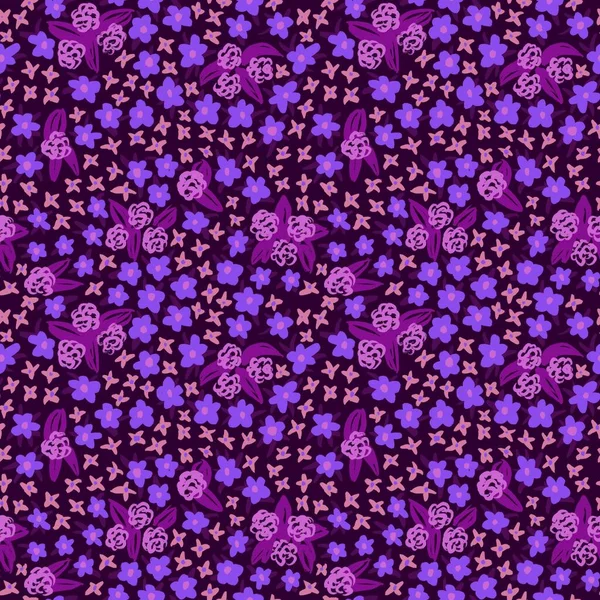 手绘无缝图案 带有蓝色深紫色花元素 夏春草本植物斑纹 花朵型花瓣绽放 复古面料设计 可爱圆点自然 — 图库照片